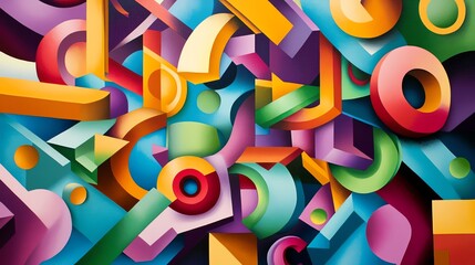 Poster - Vibrant Abstract Composition of Geometric Shapes and Colors in a Dynamic Arrangement
