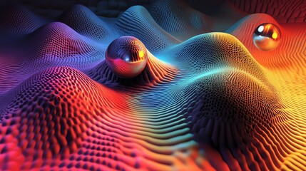 Poster - Vibrant Abstract Landscape With Colorful Textures and Reflective Spheres at a Surreal Depth