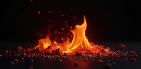 Wall Mural - flickering flame with glowing ember sparks on black background in warm lighting, ember, warmth
