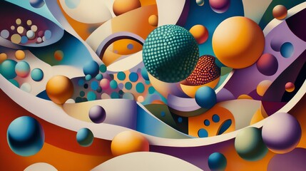Poster - Colorful Abstract Composition With Geometric Shapes and Floating Spheres in Vibrant Hues and Patterns