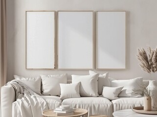 Minimalist living room with a white sofa. three blank frames. and a wooden coffee table