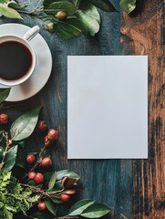 Poster - Coffee and greenery surrounded by a blank card on a rustic wooden table during morning light. Generative AI