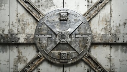 Weathered metal vault door with circular mechanism.