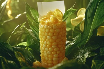 Poster - Fresh corn cob with lemon slices and blank sign, surrounded by lush green leaves.