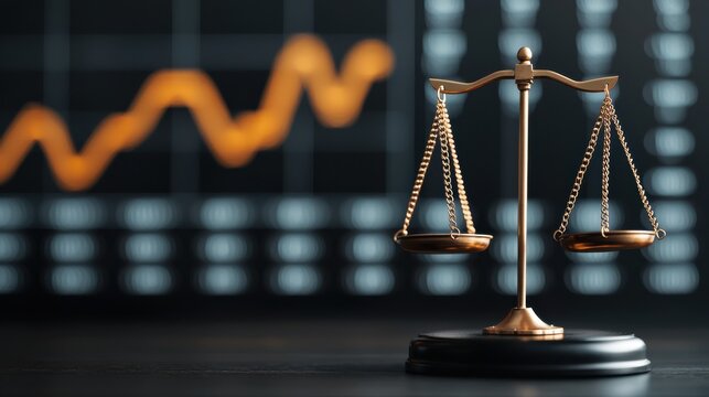 conceptual image depicting the scales of justice with a gavel overlaid on a financial graph symboliz