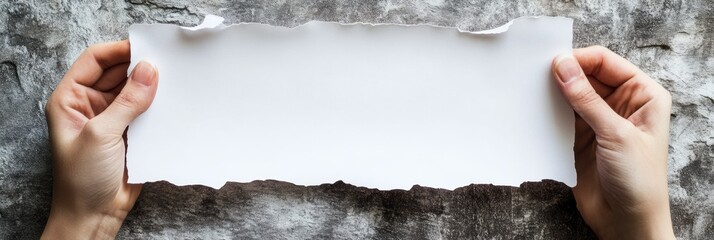 Leinwandbilder - Hands holding a torn blank piece of paper against a textured stone background during daylight. Generative AI