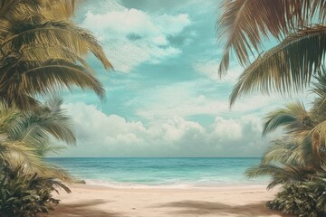 Fototapete - Beautiful beach view with palm trees and calm ocean under a blue sky on a sunny day. Generative AI