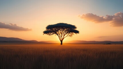 Wall Mural - Dramatic sunset with silhouetted acacia trees casting long shadows across a vast serene African savanna landscape  Vibrant orange and pink hues fill the sky creating a peaceful