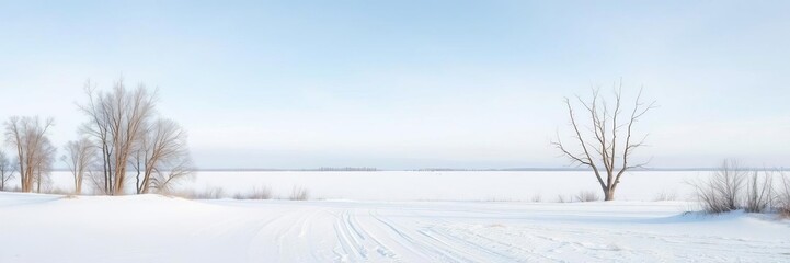 snow-covered landscape with barren trees and a clear blue sky creating a serene winter scene, enviro
