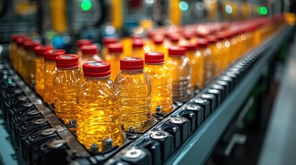 Wall Mural - Bottles of orange liquid on a conveyor belt in a vibrant production facility