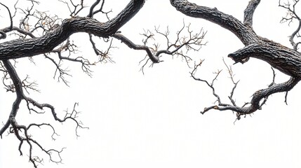 Bare tree branches against white background, nature photography for design