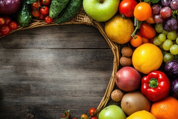 Aufkleber - Fresh assortment of colorful fruits and vegetables arranged on wooden surface showcasing healthy eating options. Generative AI