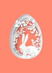 Wall Mural - easter spring forest with grass, branches, leaves, trees and rabbit. easter egg shape. holiday, natu