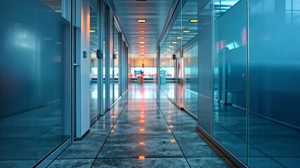 Poster - Modern Office Corridor: Glass Walls, Polished Floors, and a Sense of Tranquility