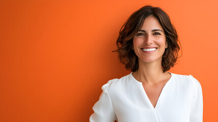 Wall Mural - Smiling Woman Against Orange Background: A middle-aged woman with a radiant smile, showcasing her healthy teeth and happy demeanor, stands against a vibrant orange backdrop.  Her short.