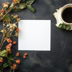 Leinwandbilder - Blank square paper with dried flowers and a cup of coffee on dark textured surface in cozy indoor setting. Generative AI