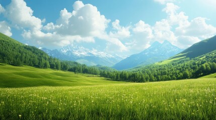 Poster - Lush green valley surrounded by majestic mountains and vibrant skies on a clear sunny day. Generative AI