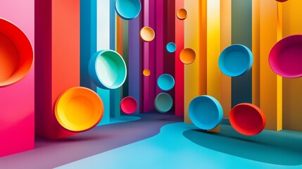 Poster - Vibrant Abstract Art Installation With Colorful Circular Elements Against a Bright Backdrop in a Creative Space