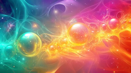 Poster - Abstract Cosmic Design Featuring Colorful Spheres and Vibrant Waves of Light Across a Swirling Background