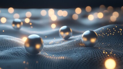 Poster - Modern Abstract Design Featuring Metallic Spheres and Glowing Particles on Textured Surface