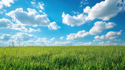 Poster - Lush green grass under a vibrant blue sky with fluffy white clouds on a sunny day. Generative AI