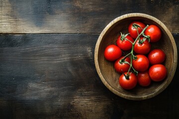 Aufkleber - Fresh cherry tomatoes in a wooden bowl on a dark wooden surface ready for cooking or snacking. Generative AI