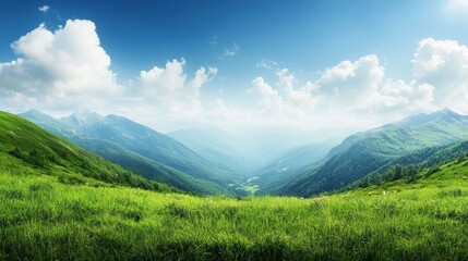 Poster - Breathtaking view of lush green mountains under a bright blue sky with fluffy clouds in a serene valley during daylight. Generative AI