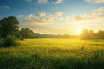Poster - Vibrant sunrise over a lush field filled with blooming wildflowers in a serene rural setting. Generative AI