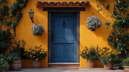 Wall Mural - A blue door with a black handle sits in front of a yellow building