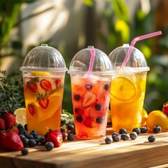 Wall Mural - Three refreshing fruit-infused iced drinks in plastic cups with straws, garnished with fresh berries and citrus slices.