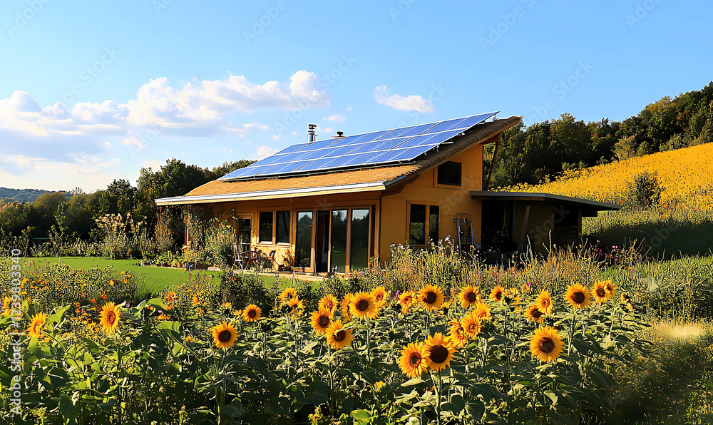 Image showcasing Sunlit Straw Bale House with a Solar Panel Awning, An Eco-Friendly Home ...