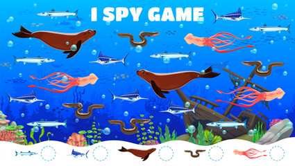 Poster - Kids i spy game worksheet with sea animals. Counting puzzle, object finding riddle or kids calculation quiz vector worksheet with seal, squid, eel, marlin swordfish and barracuda animals characters