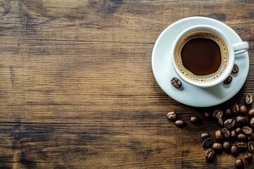 Leinwandbilder - Coffee cup rests on wooden table beside scattered coffee beans in natural light during morning hours. Generative AI