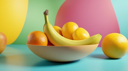 Wall Mural - Colorful fruit bowl on pastel background