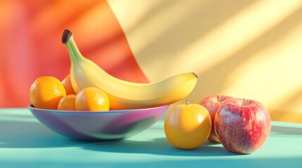 Wall Mural - Colorful fruit bowl, sunlight, teal table, healthy eating