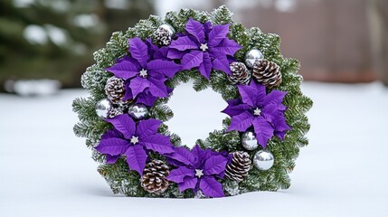 Purple poinsettia and pine cone Christmas wreath in snowy winter setting.