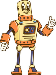 Aufkleber - Cartoon groovy vintage robot happy character. Alien cyborg or AI bot retro isolated vector character. Mechanical humanoid android happy mascot, vintage robot cartoon groovy personage showing thumb up