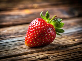 Spinning strawberry, close-up macro reveals juicy red texture against a weathered wood backdrop.