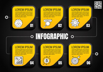 Wall Mural - black yellow 6 step infographic layout for presenting, timelines and workflow, business reports with