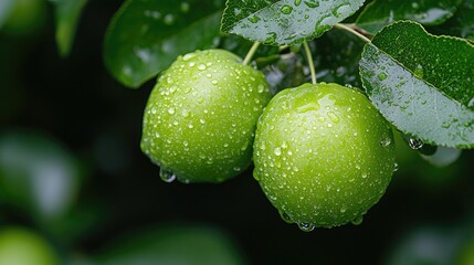 Wall Mural - Green apples on tree branch, orchard background, raindrops