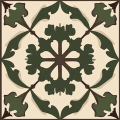 Ornate floral pattern with green leaves and beige background