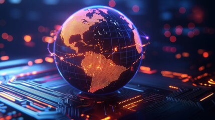 Poster - Futuristic Digital Globe on Circuit Board Background with Vibrant Lights and Global Connectivity Visualization