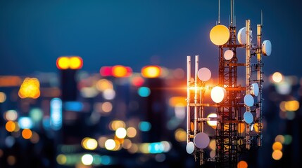 Poster - High-Resolution Image of a Telecommunications Tower Against a Night City Skyline with Blurred Lights and Modern Technology Elements