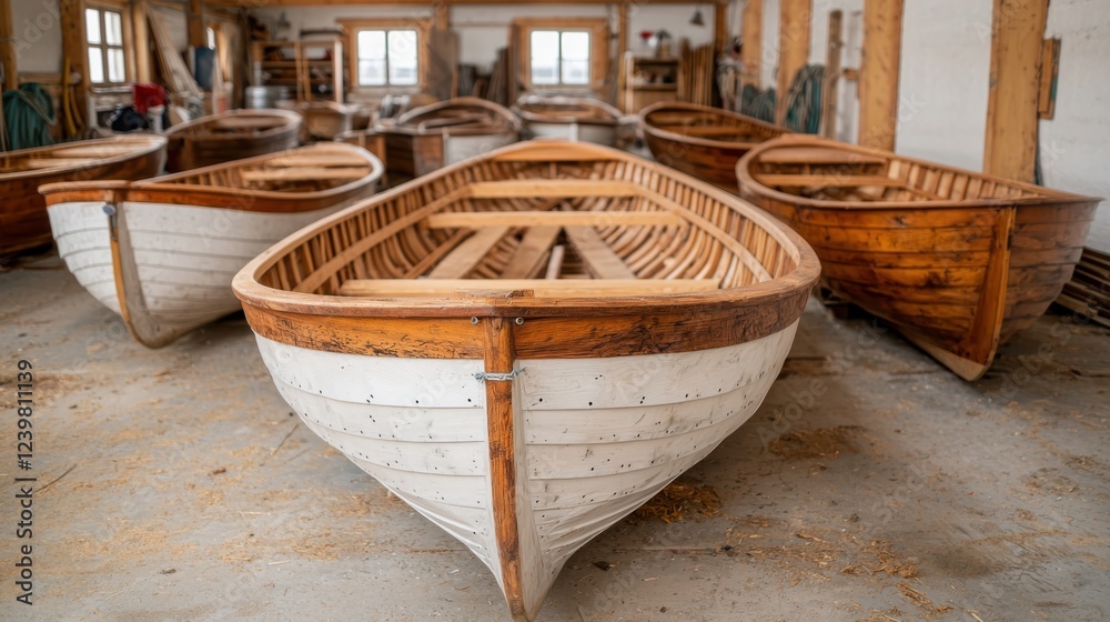 Interior view of a traditional boatyard with wooden beams structures and boats under construction or repair This historic workshop showcases the craftsmanship and techniques of shipbuilding and boat