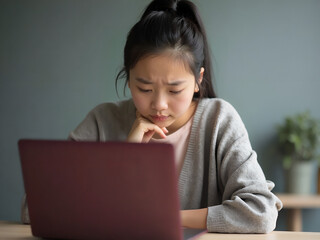 Young woman deeply focused on laptop screen, indoor study or work from home