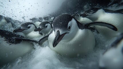 Wall Mural - underwater close-up of a group of chinstrap penguins swimming and surfacing near ice.