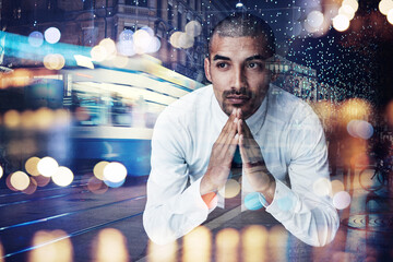 Poster - Businessman, city overlay and bokeh for thinking, research and transport planning. Urban architecture, professional and double exposure of person for career ambition, creative engineering and traffic