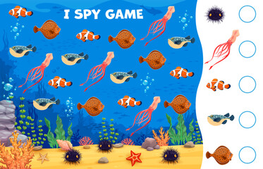 Aufkleber - I spy game worksheet with sea underwater animals and fishes, vector puzzle quiz. Kids I spy game to find and match same picture of cartoon undersea or ocean funny characters, clownfish, squid and fugu