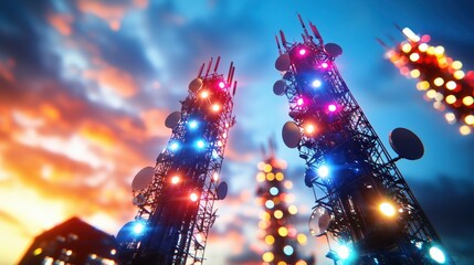 Poster - Tall communication towers illuminated at dusk showcasing advanced technology and connectivity in a vibrant urban landscape with colorful lights