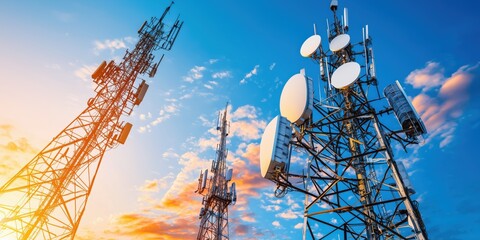 Poster - Modern Communication Technology Towers Under a Vibrant Sunset Sky with Beautiful Cloud Patterns and Clear Blue Atmosphere